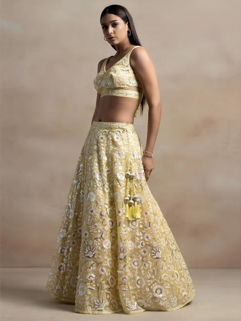 Yellow Soft Net Lehenga Choli - Detail View | Samyak Fashion