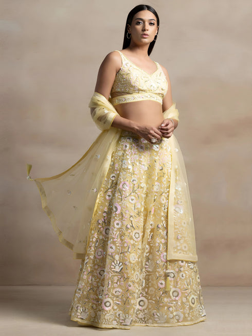 Yellow Soft Net Lehenga Choli - Close-up View | Samyak Fashion