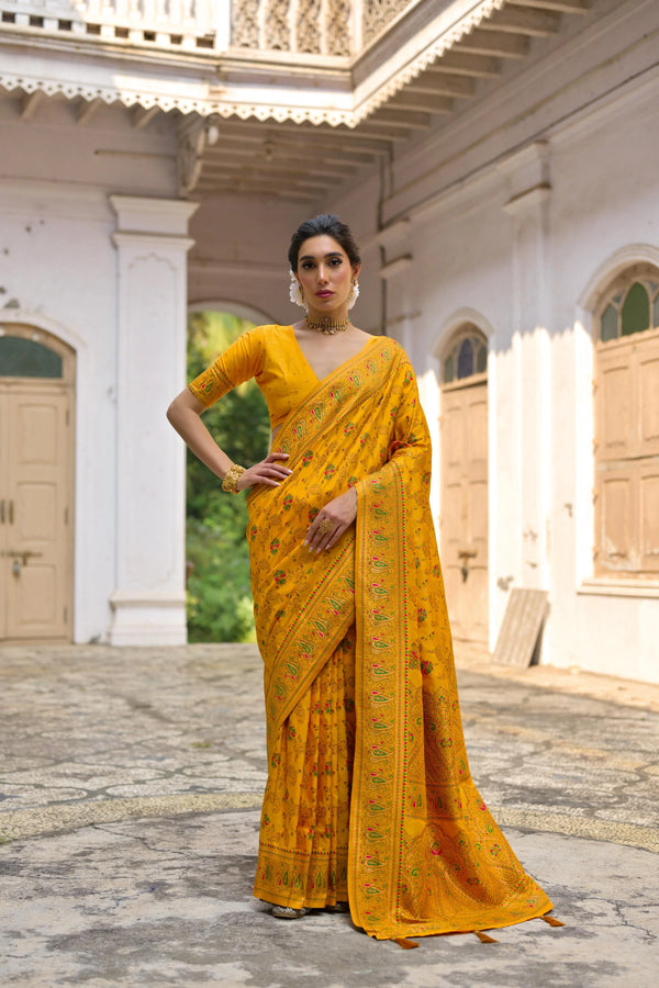 Yellow Soft Pashmina Silk Designer Function Wear Saree Collection With Blouse - Front View | Samyak Fashion