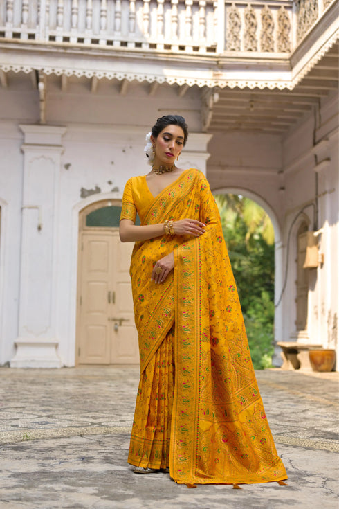 Yellow Soft Pashmina Silk Designer Function Wear Saree Collection With Blouse - Back View | Samyak Fashion
