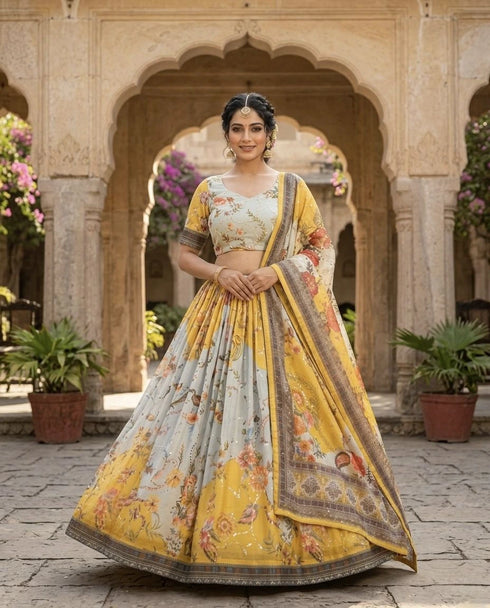 Yellow Tabby Silk Lehenga Choli - Front View | Samyak Fashion