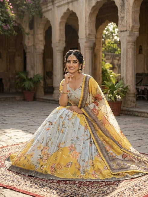 Yellow Tabby Silk Lehenga Choli - Side View | Samyak Fashion