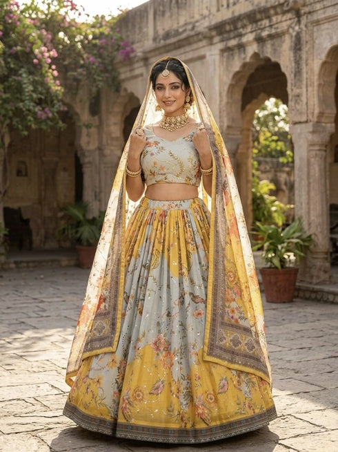 Yellow Tabby Silk Lehenga Choli - Detail View | Samyak Fashion