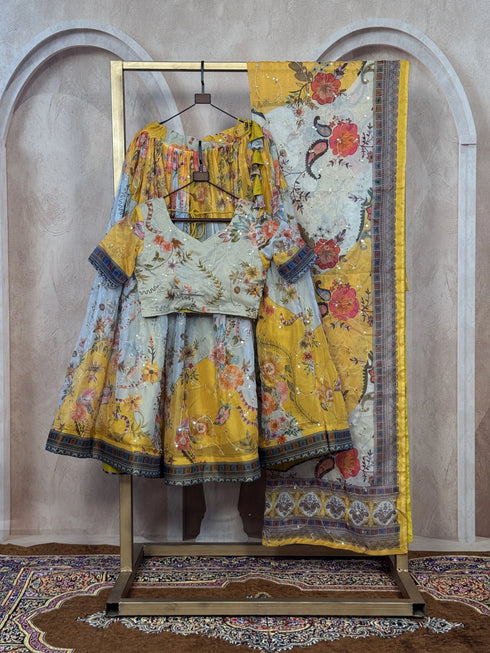 Yellow Tabby Silk Lehenga Choli - Close-up View | Samyak Fashion